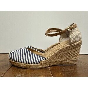 White Mountain Mamba women 10M blue stripes espadrille wedge ankle strap sandals